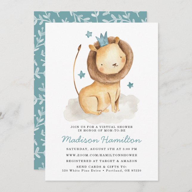 Invitación a Baby Shower virtual de león suave (Anverso / Reverso)