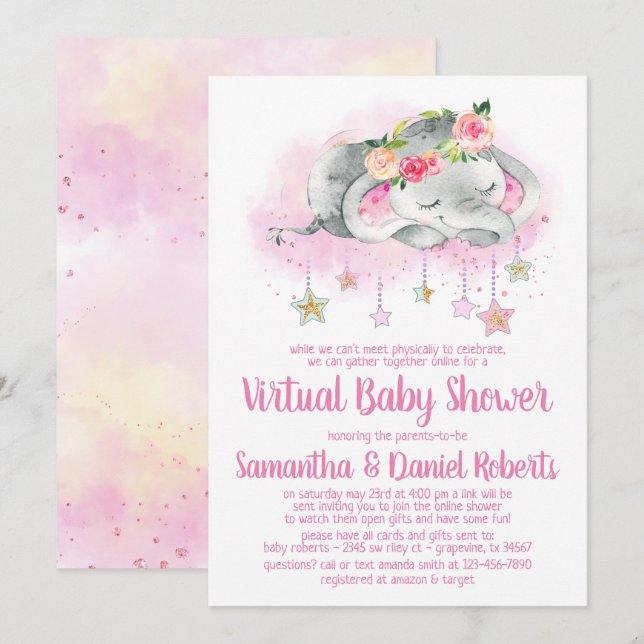 Invitación a Baby Shower virtual para elefantes ch (Anverso / Reverso)
