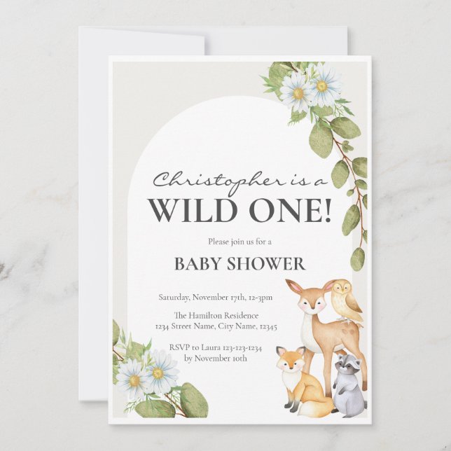 Invitación a Baby Shower Wild One Neutral Woodland (Anverso)