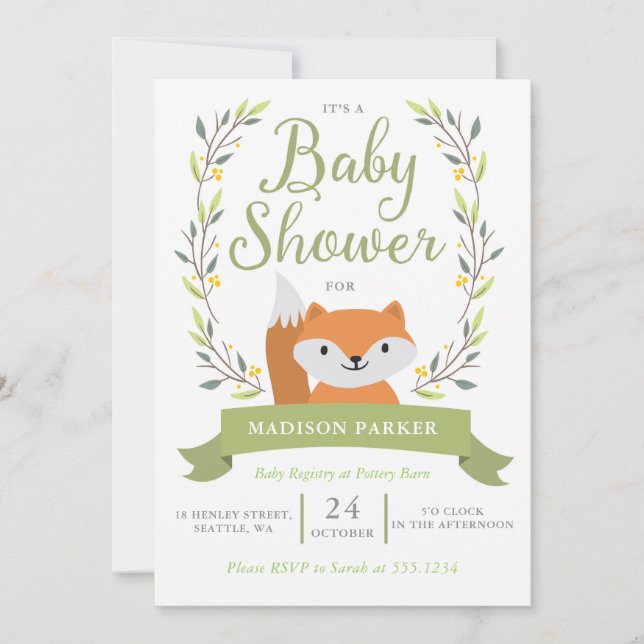 Invitación a Baby Shower Woodland Fox (Anverso)