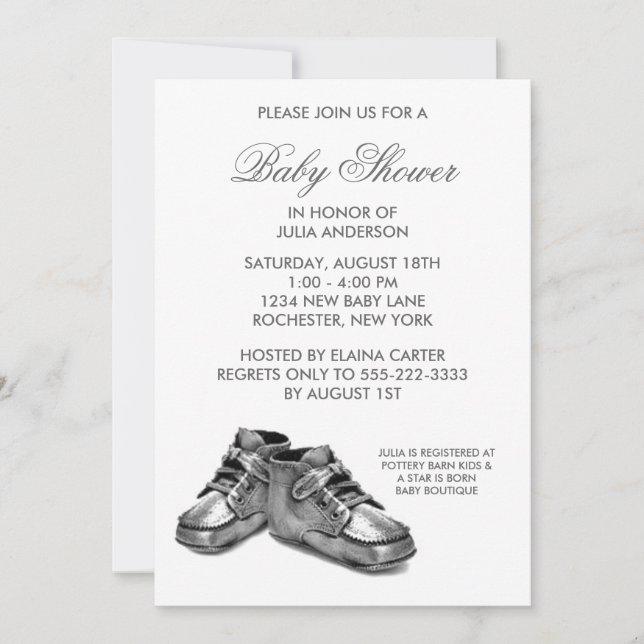 Invitación a baby shower Zapatos de bebé de plata (Anverso)