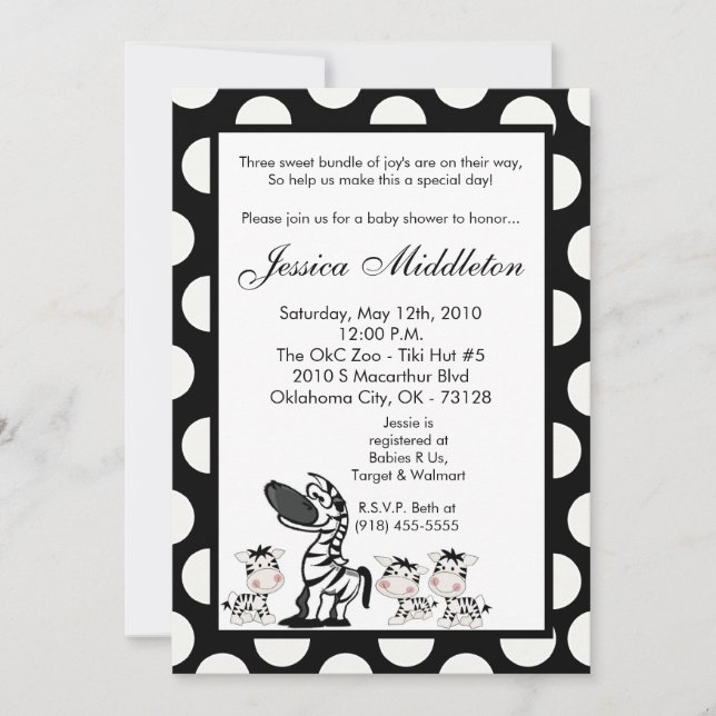 Invitación a Baby Shower Zebra Mama TRIPLET las 5  (Anverso)