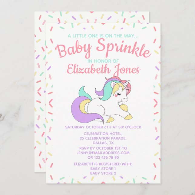Invitación a Baby Sprinkle con Unicornio - Pastel (Anverso / Reverso)