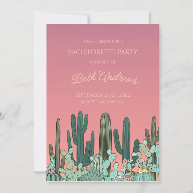 Invitación a Bachelorette de Desert Sunset Cactus (Anverso)