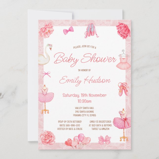 Invitación a Ballerina de Tutu Rosa Editable (Anverso)