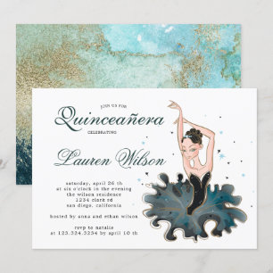 Invitación a Ballerina Esmeralda y Oro Quinceanera