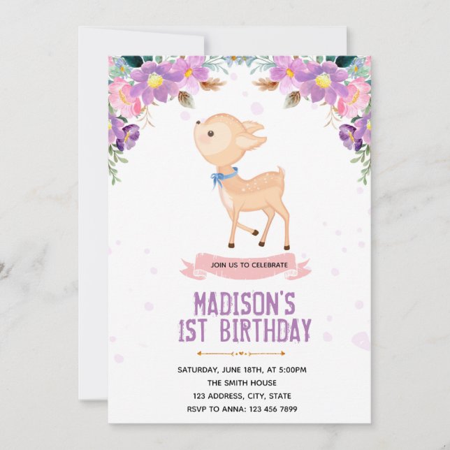 Invitación a bambi de tema púrpura (Anverso)