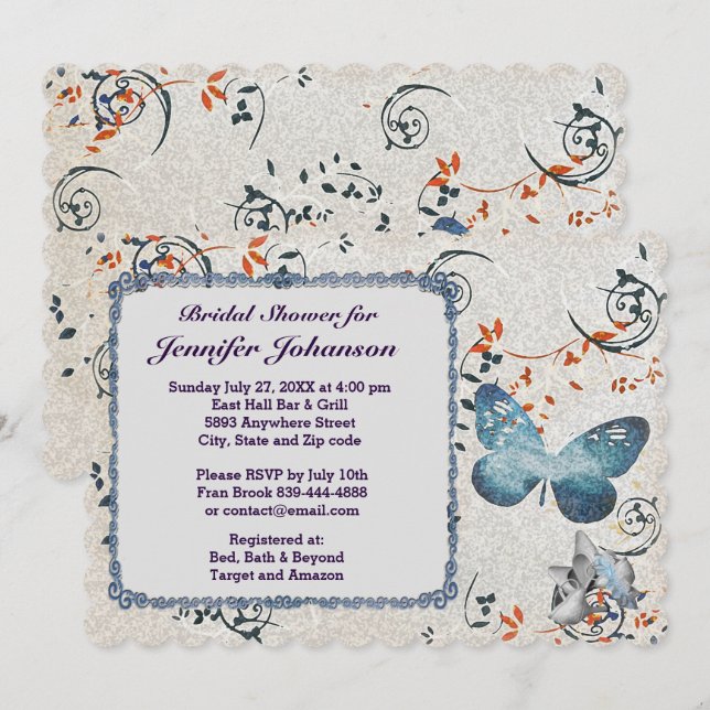 Invitación a bañador de mariposa y hoja azul (Anverso / Reverso)