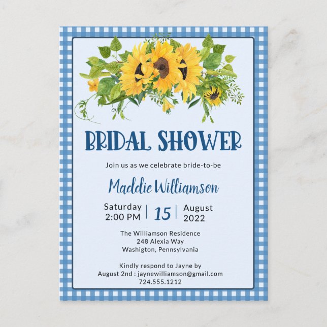 Invitación a bañador de novia de Gingham Sunflower (Anverso)