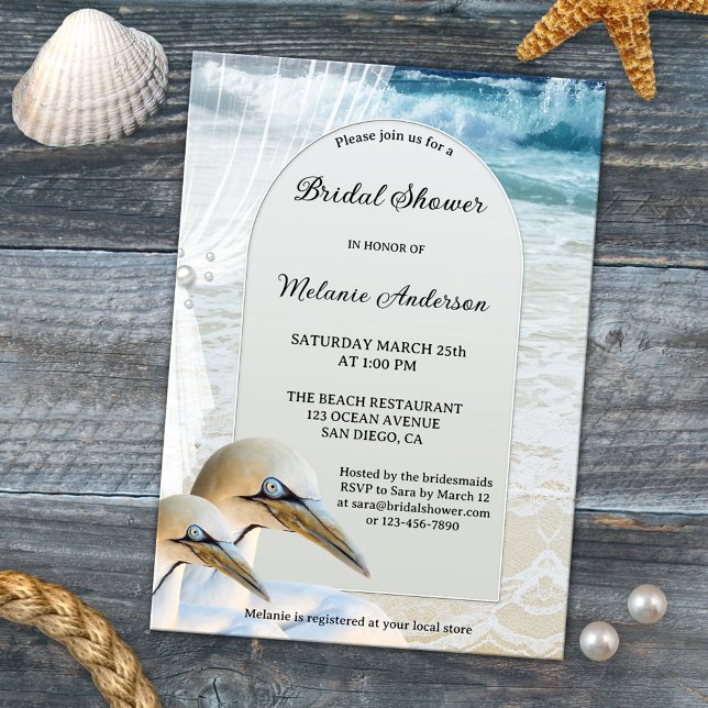 Invitación a bañarse en la playa Gannets Beach Bri (Boho chic bridal shower invitation featuring two gannets on the beach)