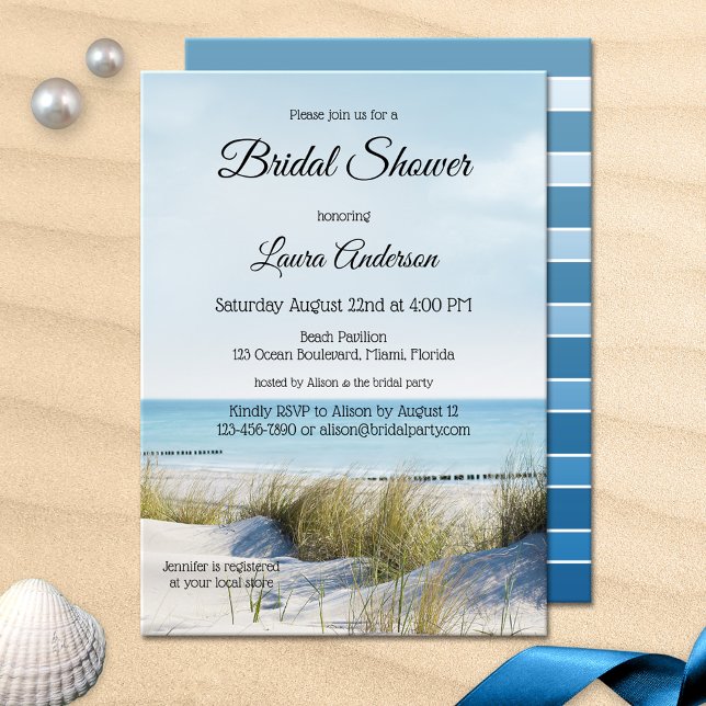 Invitación a bañarse en la playa y las dunas (A modern bridal shower invitation featuring an image of dunes overlooking a beach)