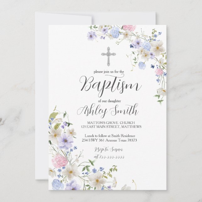 Invitación a BAPTISM con flores silvestres (Anverso)