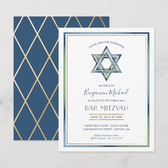 Invitación a Bar Mitzvah del niño; Estrella de Dav (Anverso / Reverso)