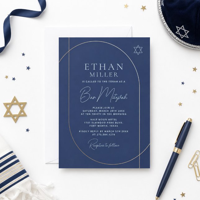 Invitación a Bar Mitzvah Moderna Navy Oro (Subido por el creador)