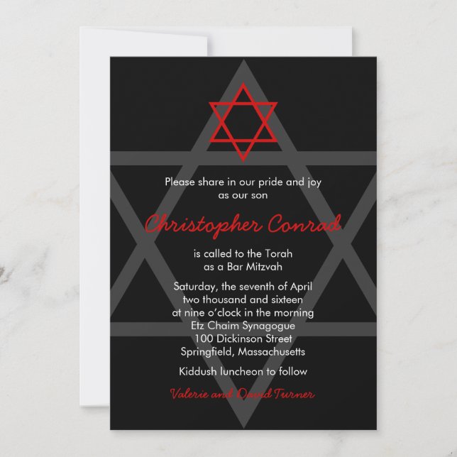 Invitación a Bar Mitzvah Negra y Roja (Anverso)