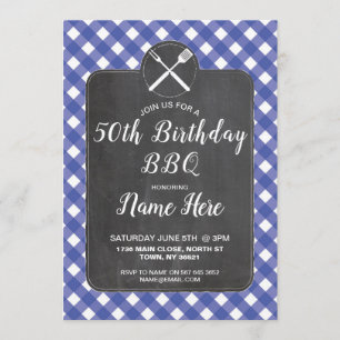 Invitación a barbacoa Blue Gingham Chalk del parti