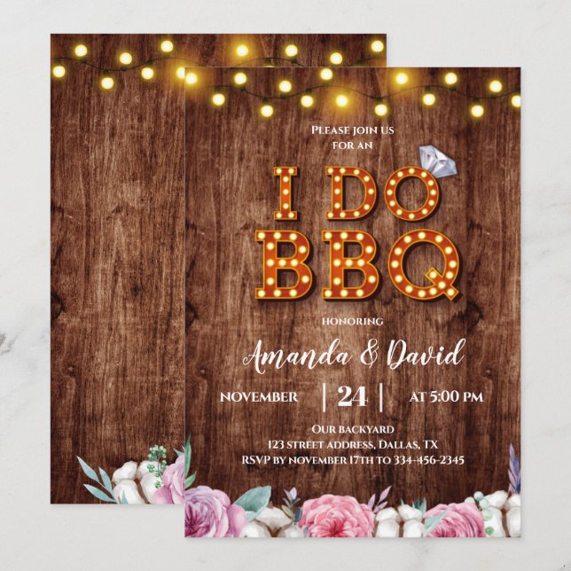 Invitación a barbacoa de algodón floral de madera  (Anverso / Reverso)