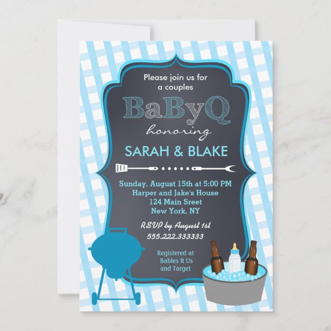 Invitación a barbacoa de Baby Shower Parejas Azule (Anverso)