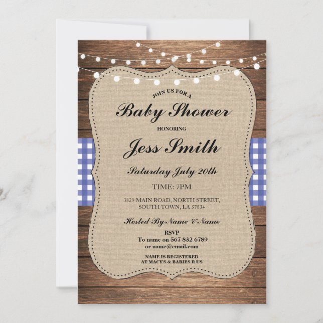 Invitación a barbacoa de Baby Shower Rustic Burlap (Anverso)