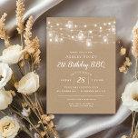 Invitación a barbacoa de fiesta de cumpleaños Rust<br><div class="desc">Un personalizado asequible imprimió invitaciones para cenas barbacoa de cumpleaños con una plantilla fácil de usar para la personalización. En este rústico diseño de moda encontramos varias cadenas de brillantes luces de cuerda y tarros de albañil sobre un falso fondo de papel kraft. Personalice la invitación con los detalles del...</div>