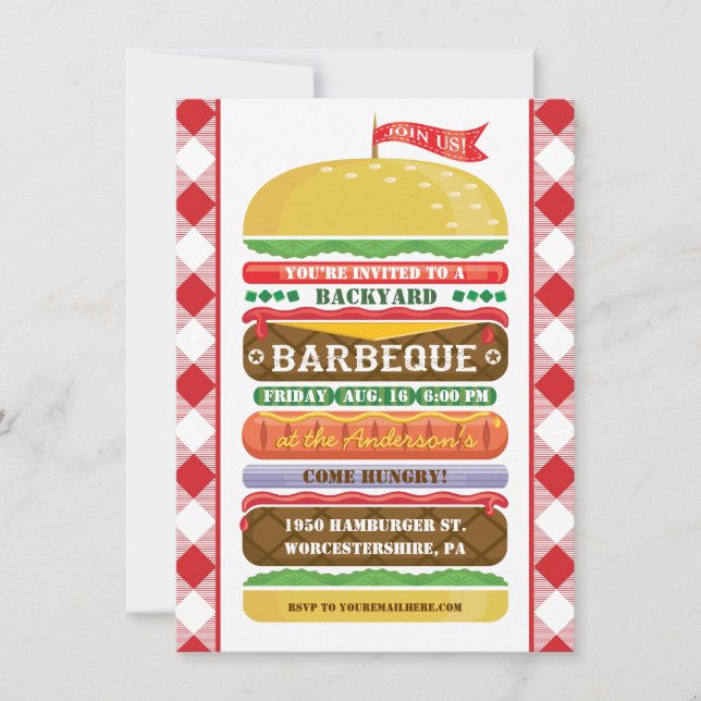 Invitación a Barbacoa de Hamburguesa Apilada (Anverso)