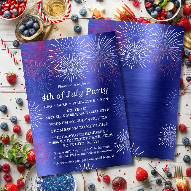 Invitación a barbacoa de los fuegos artificiales d (Modern Blue 4th of July Fireworks BBQ Invitation)
