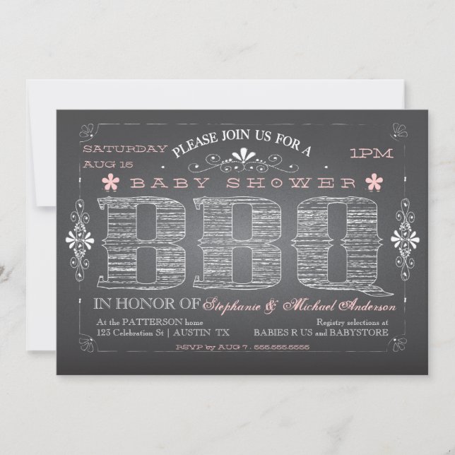 Invitación a barbacoa de pizarra rosa Baby Shower (Anverso)