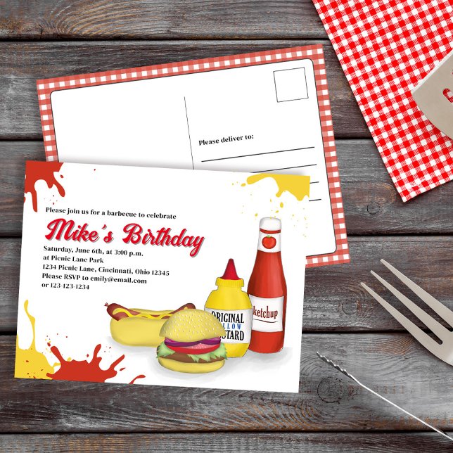 Invitación a barbacoa de verano para la fiesta de  (Birthday Party BBQ invitation postcard template.)