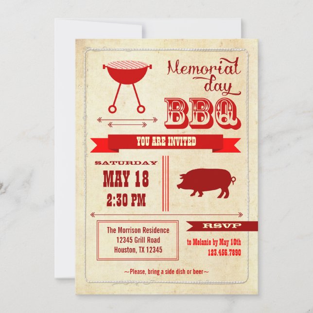 Invitación a barbacoa del Día de la Memoria de la  (Anverso)