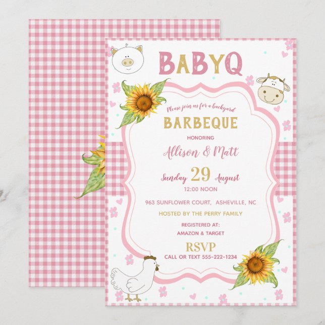Invitación a barbacoa del Sunflower Pink Gingham B (Anverso / Reverso)
