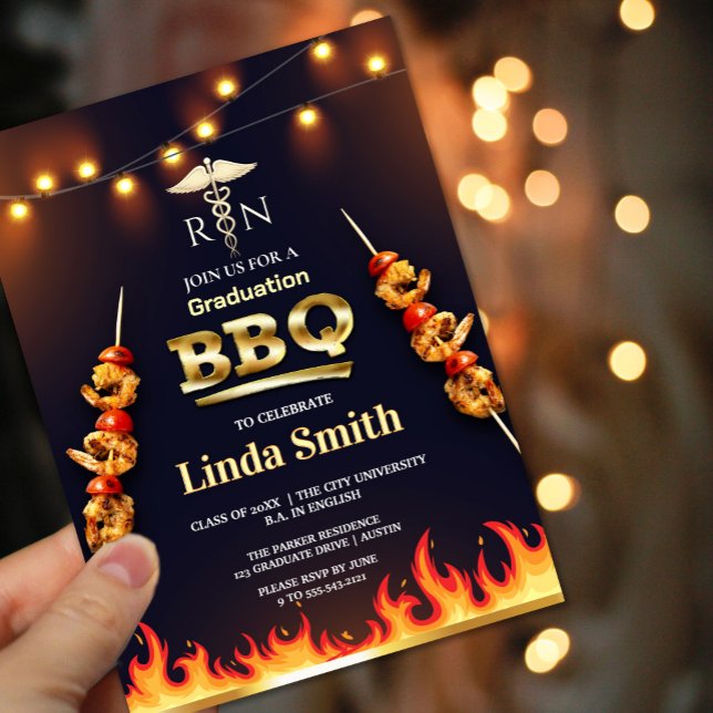 Invitación a barbacoa para graduación de enfermerí (Nursing Graduation BBQ Invitation | RN Symbol & Flame Design #zazzlemade #bbqinvitation#rninvitation)