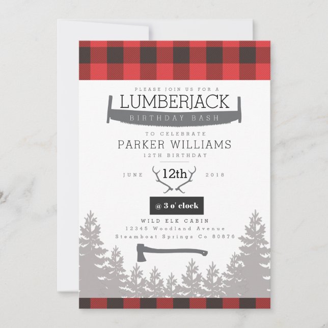 Invitación a Bash de cumpleaños de Rustic Lumberja (Anverso)