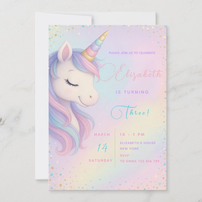 Invitación a Bash de cumpleaños de Unicornio mágic (Anverso)