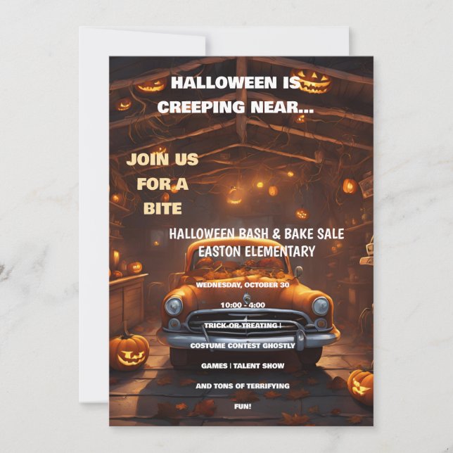 Invitación a Bash de Halloween con auto Naranja (Anverso)