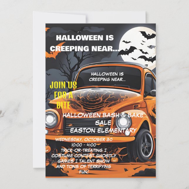 Invitación a Bash de Halloween con auto Naranja (Anverso)