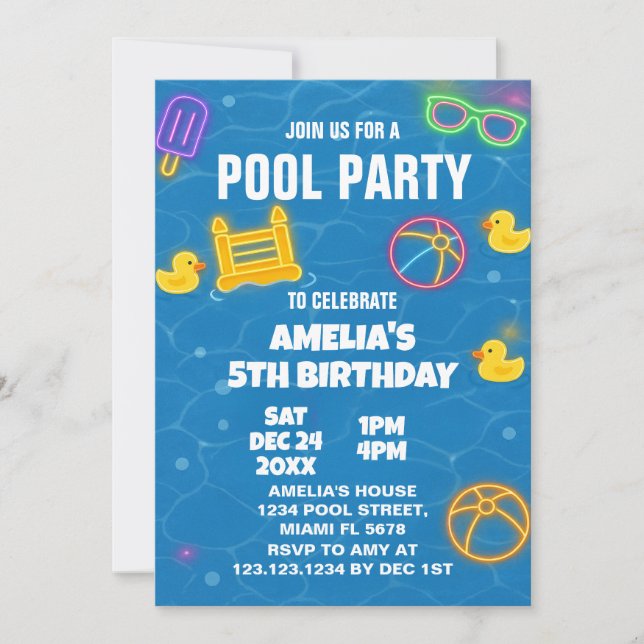 Invitación a Bash de Piscina Neon Glow (Anverso)