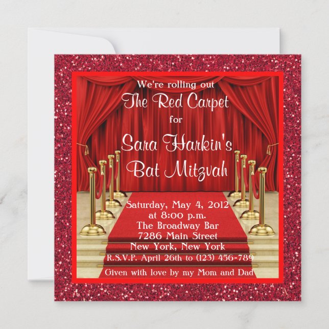 Invitación a Bat Mitzvah Alfombra Roja Glitter Hol (Anverso)