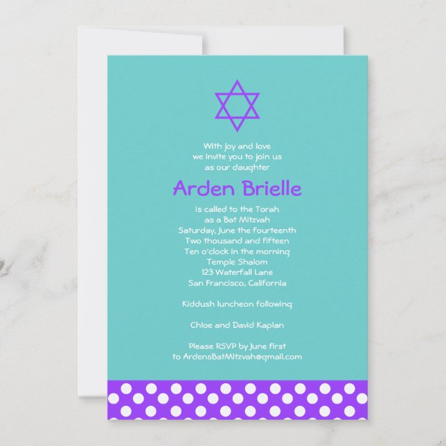 Invitación a Bat Mitzvah Arden Mandy (Anverso)