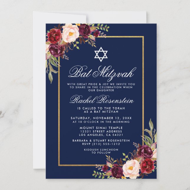 Invitación a Bat Mitzvah Burgundy Floral Blue Gold (Anverso)