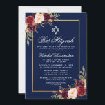 Invitación a Bat Mitzvah Burgundy Floral Blue Gold<br><div class="desc">Bat Mitzvah Watercolor Borgoña Marsala Floral Blue Gold Invitación Tarjeta</div>