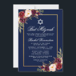 Invitación a Bat Mitzvah Burgundy Floral Blue Gold<br><div class="desc">Bat Mitzvah Watercolor Borgoña Marsala Floral Blue Gold Invitación Tarjeta</div>