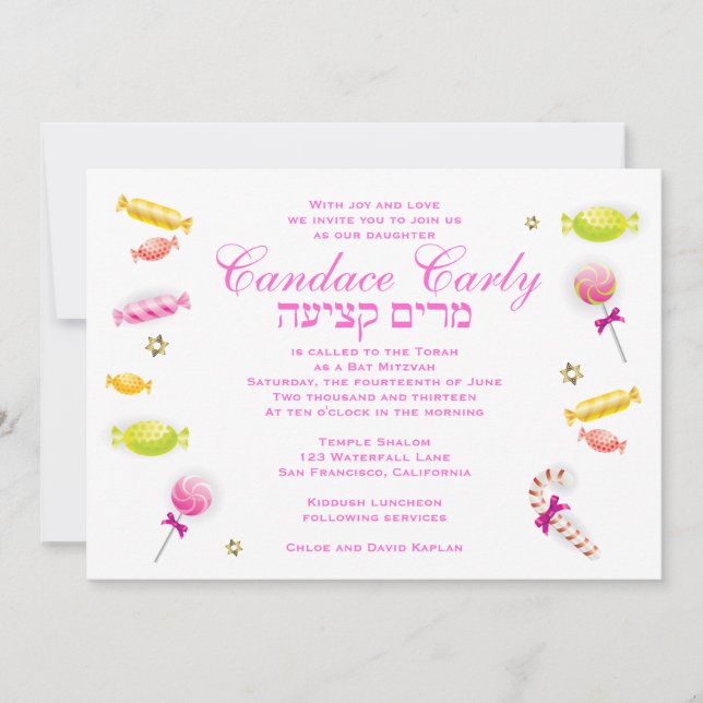 Invitación a Bat Mitzvah Candy Candyland Tema (Anverso)