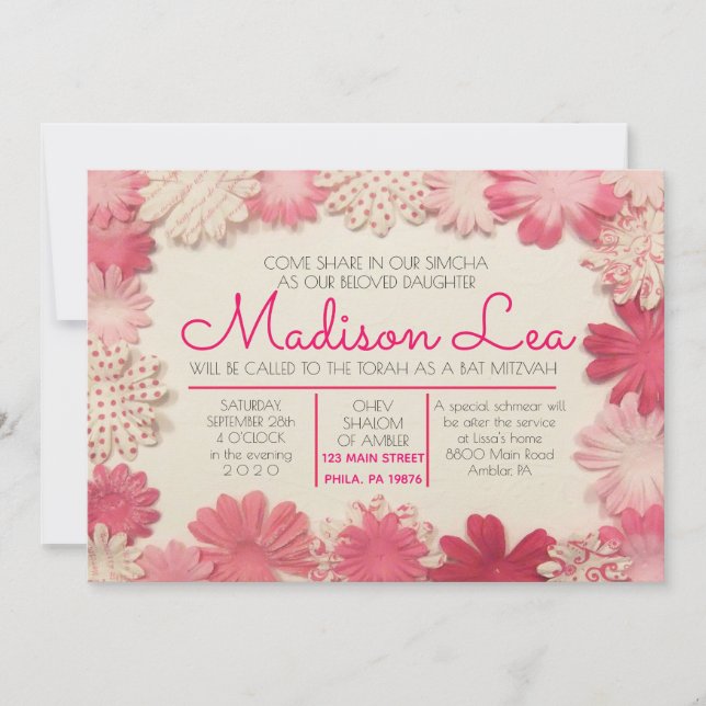 Invitación a Bat Mitzvah con flores de papel (Anverso)