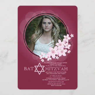 Invitación a Bat Mitzvah con foto de cerezo en flo