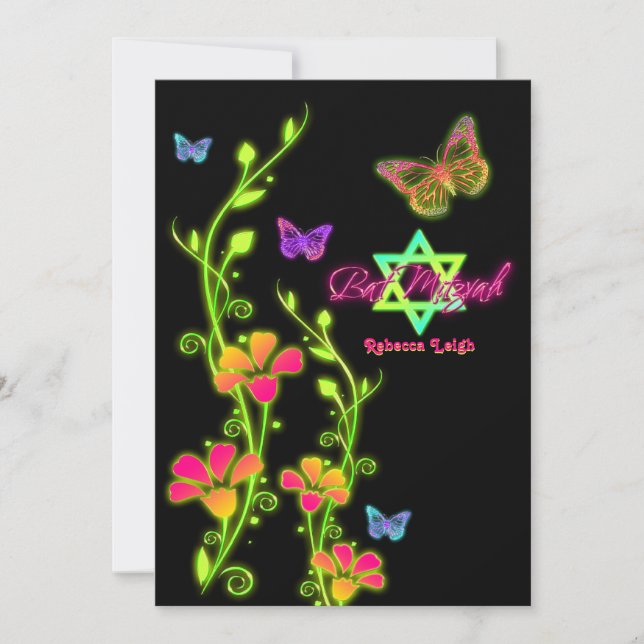 Invitación a Bat Mitzvah con moscas y flores de ne (Anverso)