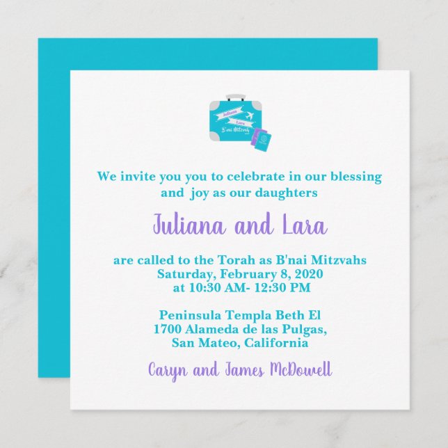Invitación a Bat Mitzvah con temas de viajes (Anverso / Reverso)