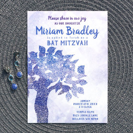Invitación a Bat Mitzvah de árbol Purpurina azul