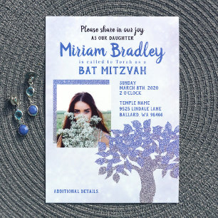 Invitación a Bat Mitzvah de árbol Purpurina azul y