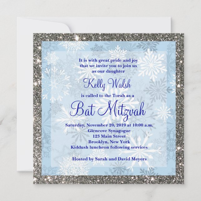 Invitación a Bat Mitzvah de Invierno del purpurina (Anverso)