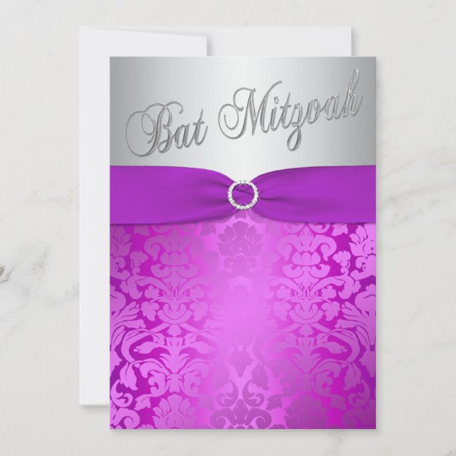 Invitación a Bat Mitzvah de plata y morado (Anverso)